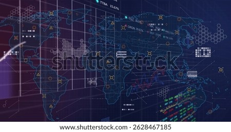 Displaying world map interface with gridlines, warning icons, numeric text stream on dashboard. Geographic, data visualization, technology, interface, analytics, futuristic, professional