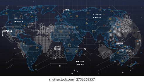 Displaying world map with neon outlines on navy grid dashboard, showing data nodes and hex clusters. Global, interface, digital, visualization, analytics, cyber, futuristic