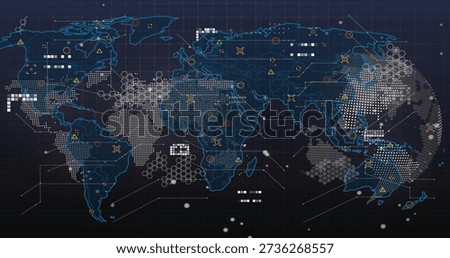 Displaying world map with neon outlines on navy grid dashboard, showing data nodes and hex clusters. Global, interface, digital, visualization, analytics, cyber, futuristic