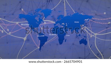 Displaying world map showing colored network lines and glowing nodes on dashboard, with data labels. Technology, connectivity, analytics, digital, futuristic, abstract, infrastructure