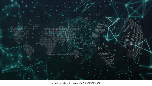 Displaying world map using glowing teal dots and lines with polygonal nodes, particles on dark grid. Geography, visualization, technology, connectivity, futurism, digital, data