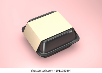 Disposable Black Food Tray Box Container With Eco Carton Cover Label Pack Isolated - Blank Mock Up Template Food Box Container - 3d Render