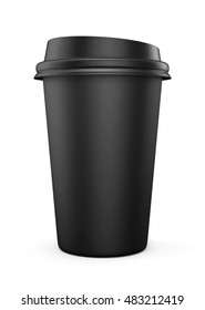 Disposable black plastic Cup with a lid. Cup for coffee. Isolated on white background. 3d rendering.