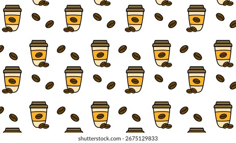 Disposable cups Seamless Pattern. Takeaway coffee cup. Coffee cup design. Fashion print, textile texture. Wrapping gift paper. Café branding, packaging, and modern design