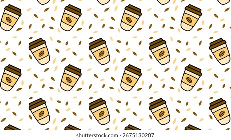 Disposable cups Seamless Pattern. Takeaway coffee cup. Coffee cup design. Fashion print, textile texture. Wrapping gift paper. Café branding, packaging, and modern design