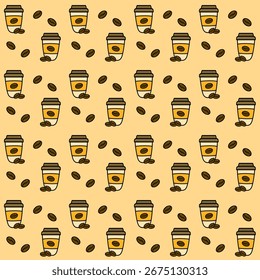 Disposable cups Seamless Pattern. Takeaway coffee cup. Coffee cup design. Fashion print, textile texture. Wrapping gift paper. Café branding, packaging, and modern design