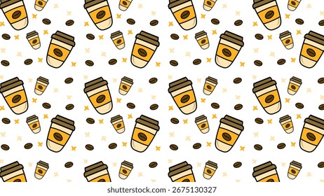 Disposable cups Seamless Pattern. Takeaway coffee cup. Coffee cup design. Fashion print, textile texture. Wrapping gift paper. Café branding, packaging, and modern design