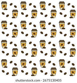 Disposable cups Seamless Pattern. Takeaway coffee cup. Coffee cup design. Fashion print, textile texture. Wrapping gift paper. Café branding, packaging, and modern design