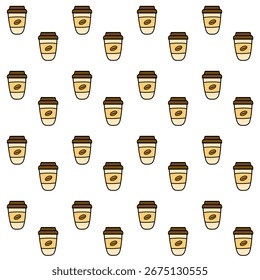 Disposable cups Seamless Pattern. Takeaway coffee cup. Coffee cup design. Fashion print, textile texture. Wrapping gift paper. Café branding, packaging, and modern design