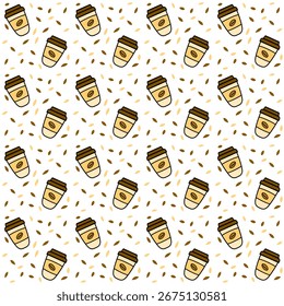 Disposable cups Seamless Pattern. Takeaway coffee cup. Coffee cup design. Fashion print, textile texture. Wrapping gift paper. Café branding, packaging, and modern design