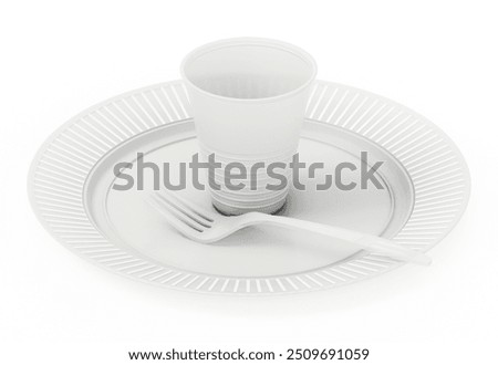 Disposable dinnerware set with plastic plate, cup, fork and knife isolated on white background. 3D illustration.