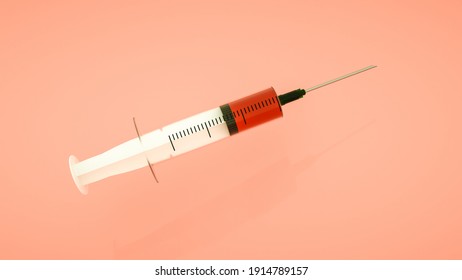 disposable syringe with medicine on a pink background. 3d render illustration