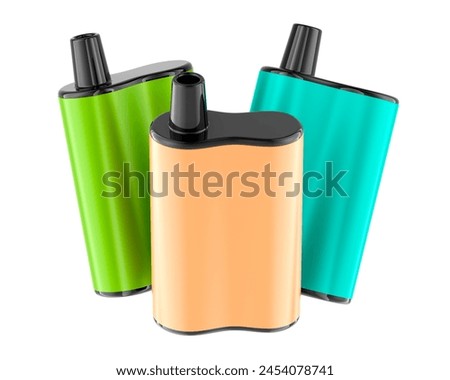 Disposable Vapes, three colored vapes. 3D rendering isolated on white background