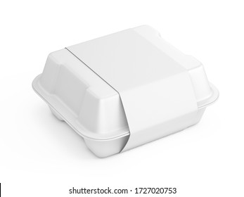 Disposable white food box container whith white paper label isolated on white background - Mock Up Template of food box container - 3d rendering