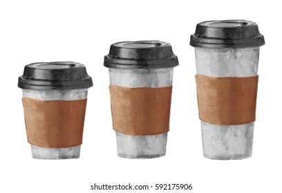 Disposable White Paper Coffee Cups With Black Lids, 3 Different Sizes, Small, Medium, Large