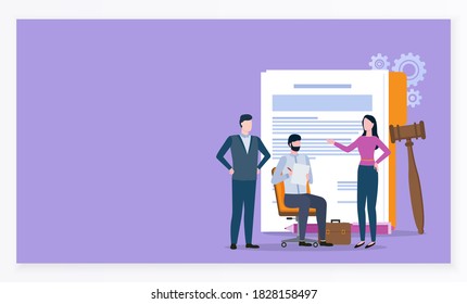 Dispute resolution processes, documents and gavel. Man and woman solving problems, partners reconciliation, lawyer online, rights and notes raster. Webpage or website template, landing page flat style