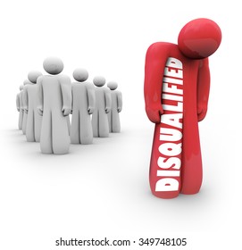 Disqualified person stands apart and alone from group after being denied or rejected for lacking experience or qualification