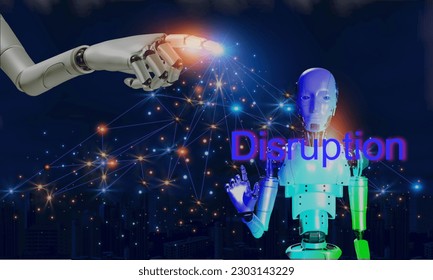 disruption technology artificial intelligence is work instead people. artificial intlligence 3D robotic with robotic hand showing control technology in city