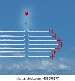 Disruptive change as an outsider person disrupting the jet airplane smoke trails with 3D illustration elements as a business innovator or innovative change maker symbol.