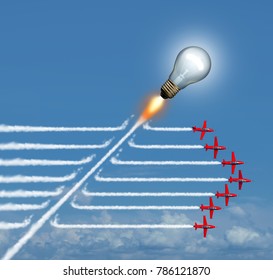 Disruptive Idea Concept And Game Changer Business Symbol And Innovation Icon To Be An Independent Thinker With New Ideas As An Individual Light Bulb Breaking Through A Group Of Airplane Smoke