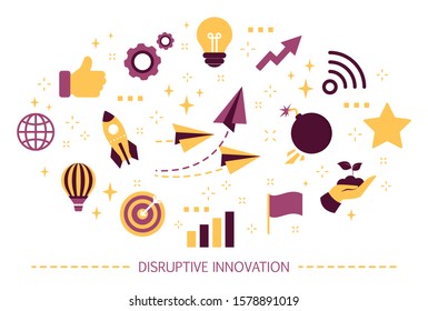 Disruptive innovation concept. Creative idea and unique invention. Revolutionary solution on market. Set of colorful icons. Isolated flat  illustration