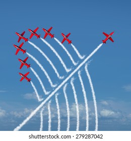 Disruptive Innovation Independent Leadership Concept And Individuality As A Group Of Acrobatic Jets With One Individual Jet Going In The Opposite Direction As A Business Symbol For New Thinking.