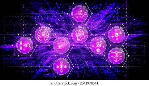 Disruptive Technologies Concept - Illustration With Genomics, AI, Fintech, Next Gen Internet, Autonomous Vehicles, Robotics, 3D Printing, Cryptocurrencies And Space Exploration Icons