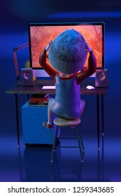 Dissapointed Kid Boy Gamer Grabbing His Head While Losing Video Game On Pc Computer. Child Cartoon Character Of Little Boy Gamer. Gaming And Game Over Concept. Clipping Path. 3D Render