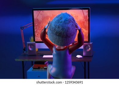 Dissapointed Kid Boy Gamer Grabbing His Head While Losing Video Game On Pc Computer. Child Cartoon Character Of Little Boy Gamer. Gaming And Game Over Concept. Clipping Path. 3D Render