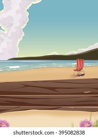 Distant deckchair on a sandy beach.