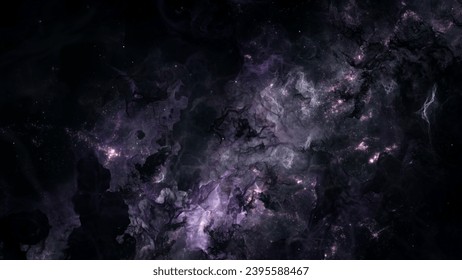 Distant galaxy star cluster in alien deep space. Science fiction concept 3d illustration of mystery interstellar gas nebula and ethereal magic glowing celestial bodies. Astronomy and cosmos wide shot.