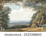 Distant View of Windsor Castle (1757-1819) watercolor art by Samuel Davis. Forest and castle landscape. Vintage forest landscape art drawing illustration, old painting landscape art print of forest.