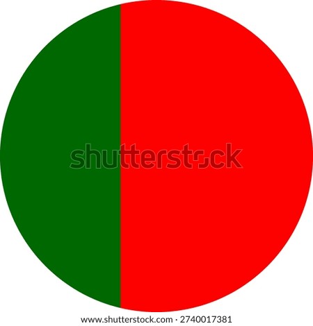 Distinctive circular graphic divided vertically into bold green and red sections, representing a unique national or conceptual design.