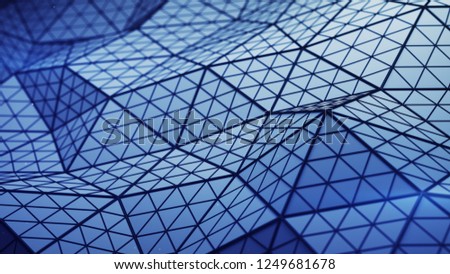 Distorted blue low poly shape. Futuristic polygonal structure with lines. Modern abstract background. 3D render illustration