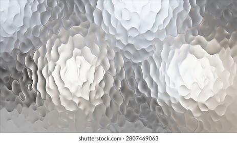 Distorted bumpy transparent glass texture background with bright dual light reflections. Abstract shiny metallic silver hammered surface pattern for modern wallpaper, 3d effect backdrop, or design.