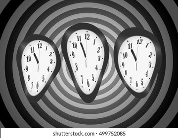 Distorted clocks for the concept of time warp on black white hypnotic spiral background

