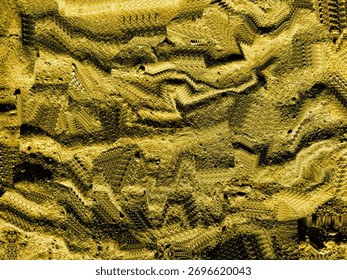 Distorted sand with zigzag and ripple artifacts — dynamic abstract texture with strong directional motion in gold tone.