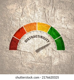 Distraction Measuring Device With Arrow And Scale. Social Media Or Environment That Disturb And Cannot Focus On Work. Unproductive Lifestyle Concept.