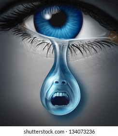 Distress And Suffering With A Human Eye Crying A Single Tear Drop With A Screaming Facial Expression Of Anguish And Pain Due To Grief Or Emotional Loss Or Business Burnout.