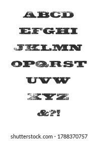 Distressed Bold Alphabet. Hand Printed Wood Block Letterpress Font. Black Uppercase Serif Letters Isolated On White Background. Including Some Punctuation. 