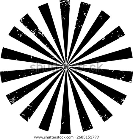 Distressed circular striped rays background in black and white, ideal for retro, vintage, grunge, or abstract design projects.