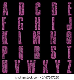 Distressed Pink Metal Shattered Broken Font Style Full Alphabet Capital Letter Set In A 3D Illustration With A Rough Eroded Worn Metallic Texture Isolated On A Black Background With Clipping Path