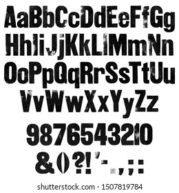 Distressed Sans Serif Alphabet. Hand Printed Vintage Letterpress Font. Black Letters Isolated On White Background. Including Lowercase, Numbers And Punctuation.