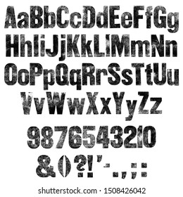 Distressed Sans Serif Alphabet. Hand Printed Vintage Letterpress Font. Black Letters Isolated On White Background. Including Lowercase, Numbers And Punctuation.