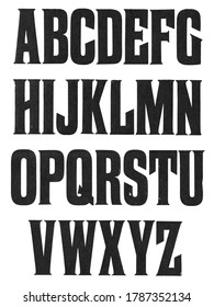 Distressed Serif Alphabet. Hand Printed Vintage Letterpress Font. Black Uppercase Letters Isolated On White Background. 