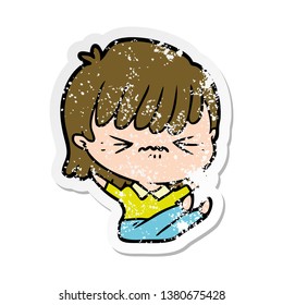 Distressed Sticker Of A Annoyed Cartoon Girl Falling Over