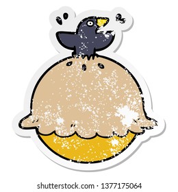 Distressed Sticker Of A Cartoon Blackbird In A Pie
