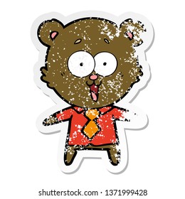 distressed sticker laughing teddy  bear cartoon in shirt   tie