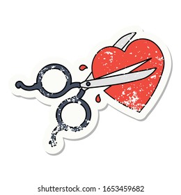distressed sticker tattoo in traditional style scissors cutting heart
