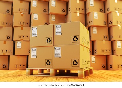 Distribution Warehouse, Package Shipment, Freight Transportation And Delivery Concept, Cardboard Boxes On Pallet And Stack Of Parcels Behind It On Wooden Floor In The Retail Store Building